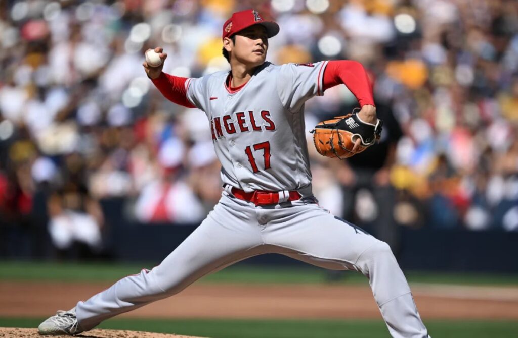 Shohei Ohtani, AL Player of the Month, in action during July 2023.